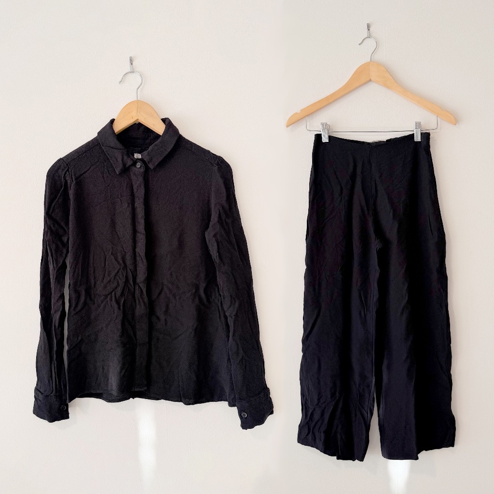 reformation black silky button up shirt capris pant matching set